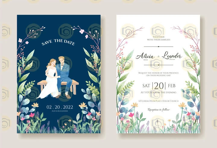 Floral And Leafy Wedding Invitation Template, Showcasing A Romantic And Elegant Layout